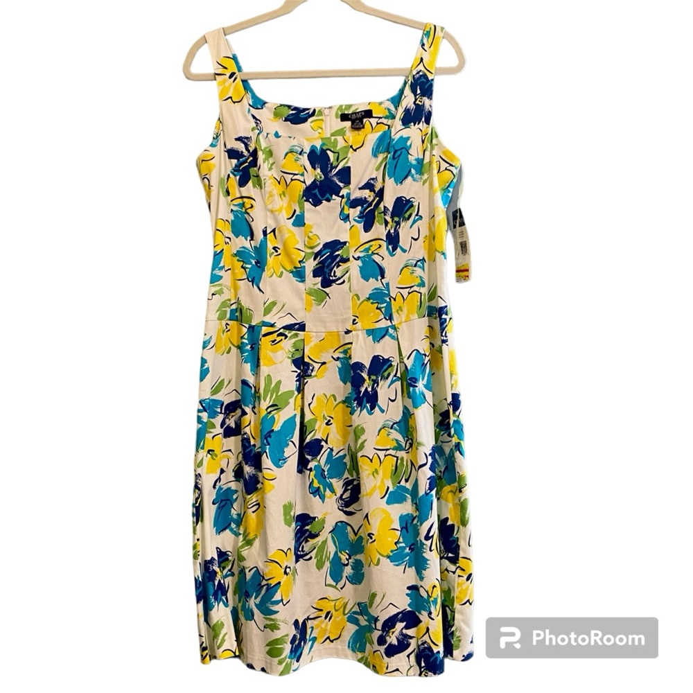 NWT Chaps Sleeveless Square Neck Fit and Flare White Blue Floral Dress Sz 14